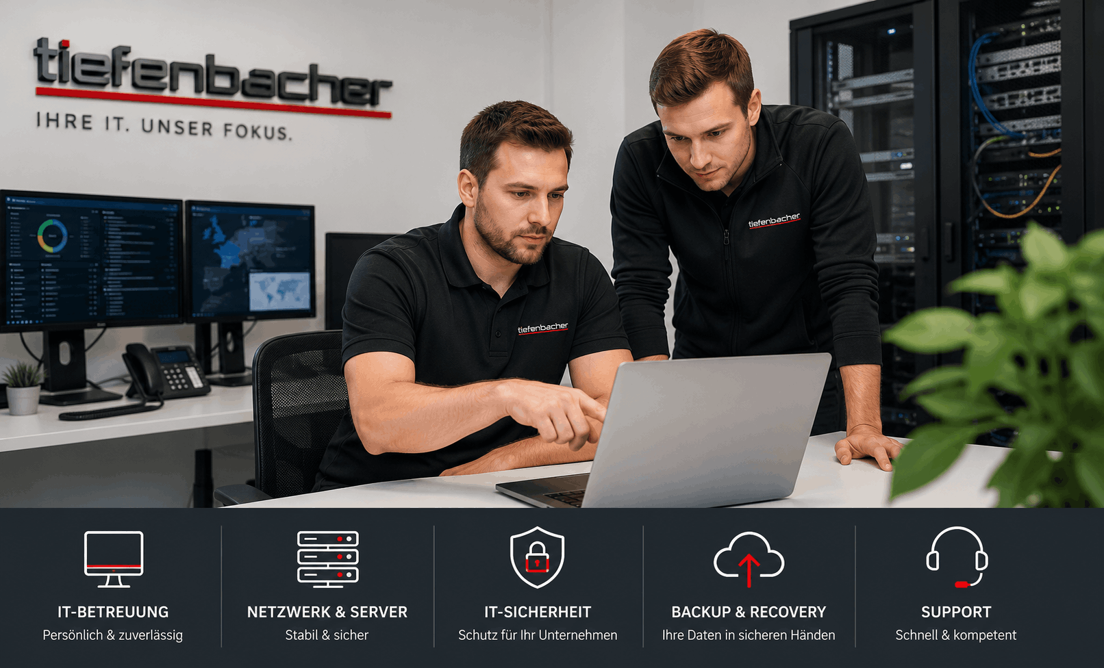 Zwei Mitarbeiter von Tiefenbacher IT bei der Betreuung von Unternehmens-IT mit Servern, Netzwerk, IT-Sicherheit und Backup