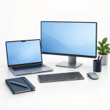 Laptop, Monitor und Zubehör für den ersten Unternehmensarbeitsplatz